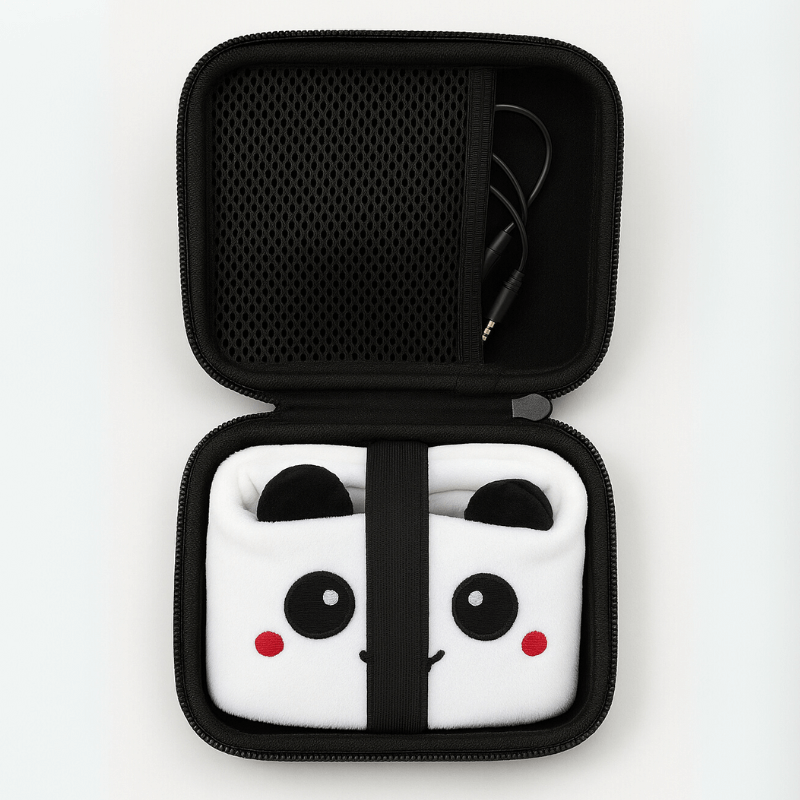 Opened case containing AUX cable and a Panda SnuggleSounds.