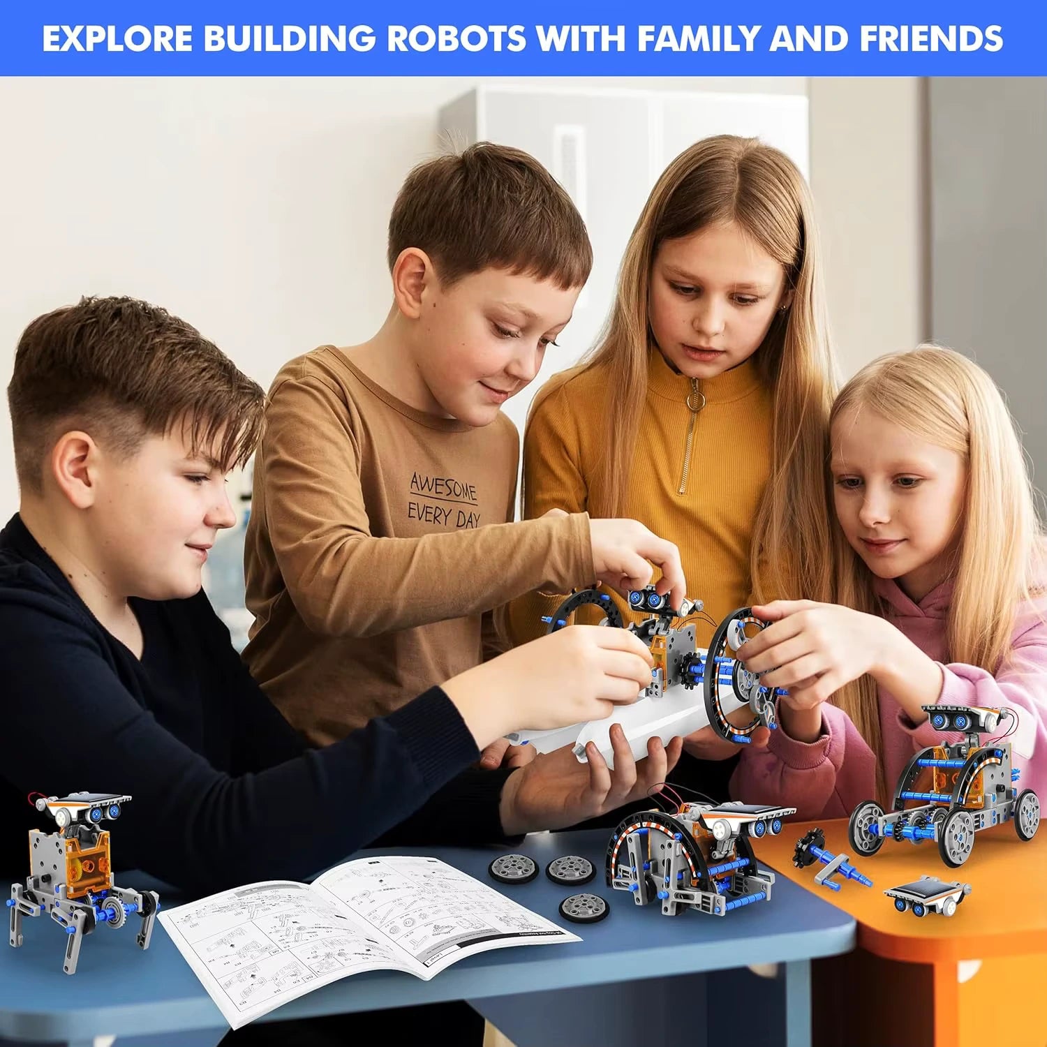 Children playing with a 13-in-1 Solar Bot toy.
