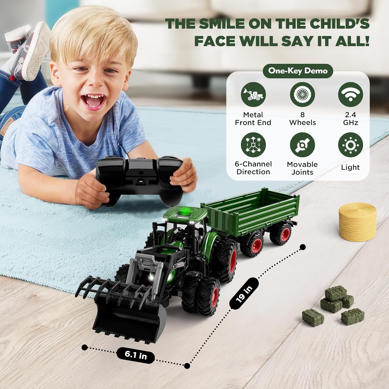 Infographic showcasing a boy playing with a green RC Power Tractor with features like metal front end, 8 wheels, movable joints and lights outlined.