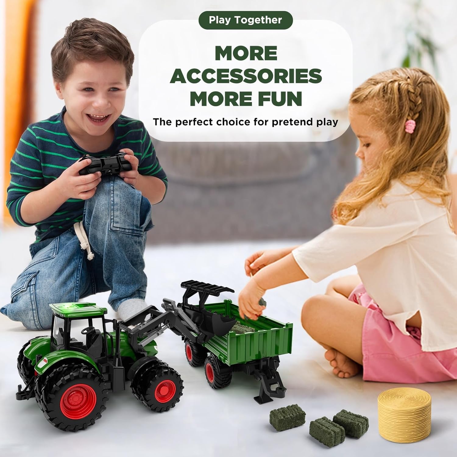 Boy and a girl playing with the RC Power Tractor toy.