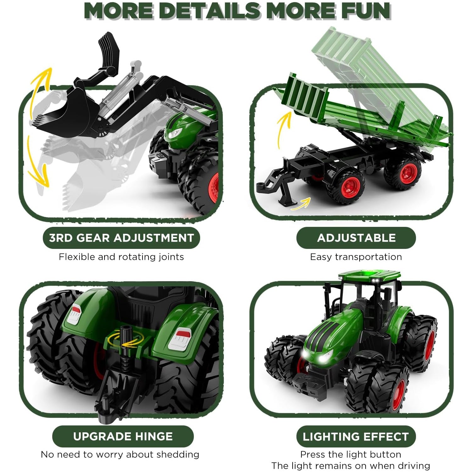 Green RC tractor feature chart showing rotating front loader bucket, adjustable tipping trailer, upgraded rear hinge, and lighting effects with detailed close-ups of movable parts and accessories.