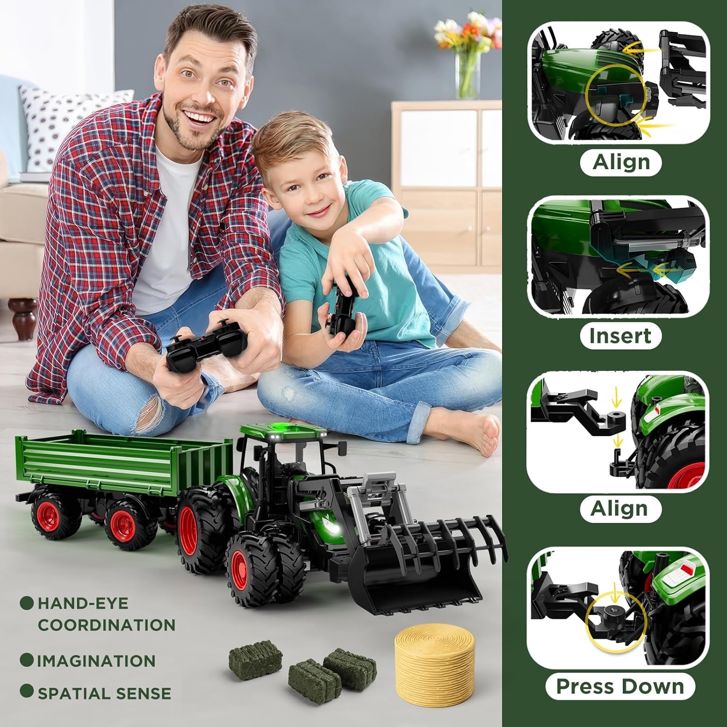 Father and son playing with green remote control tractor toy with trailer and front loader indoors, featuring attachment setup steps, controllers, accessories, and educational benefits like hand-eye coordination, imagination, and spatial sense.
