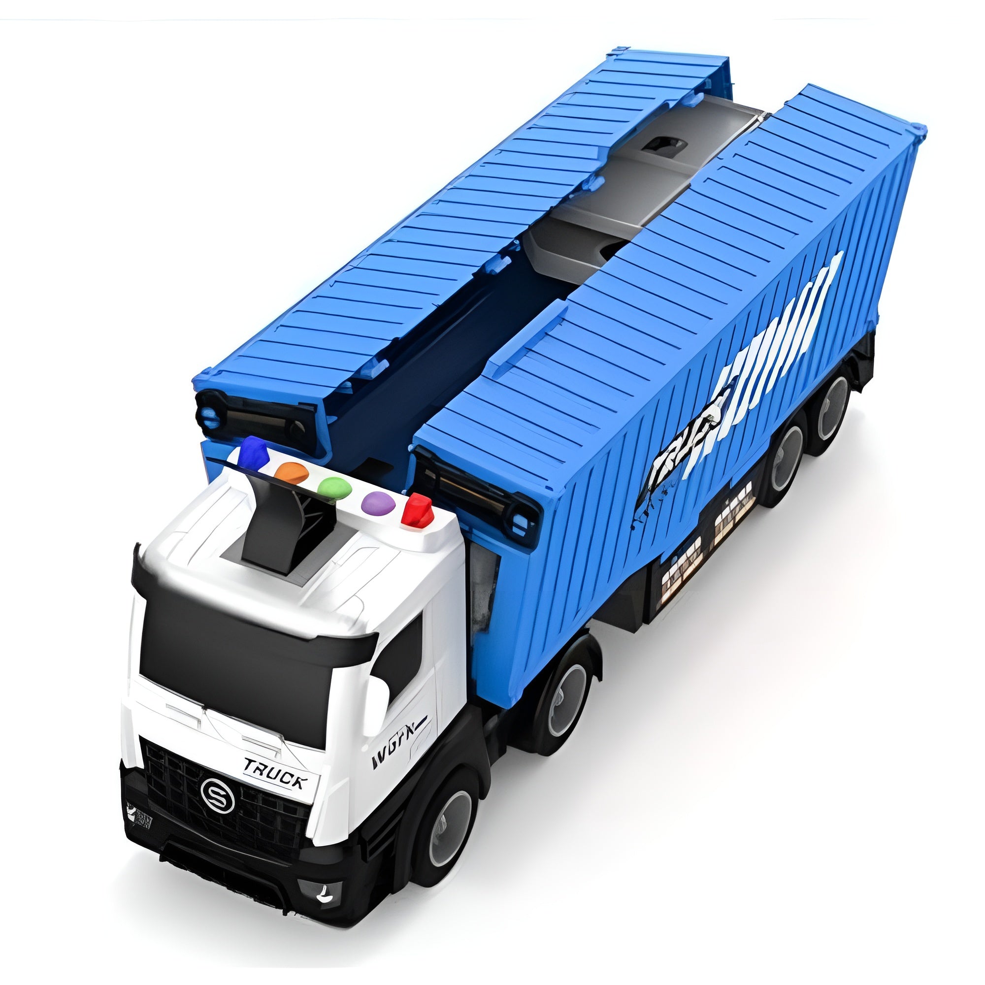Blue and white toy transport truck with an opening double-container trailer and multiple wheels.
