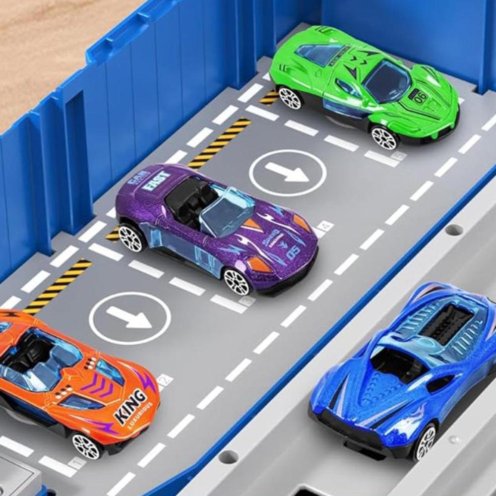 Close up on 4 colorful cars featured in the 3-in-1 Race Car Transporter toy.