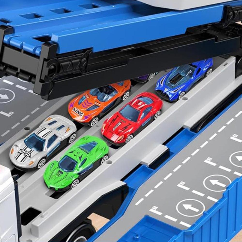Close-up of a toy car carrier truck loaded with six colorful mini race cars on its upper and lower transport lanes.