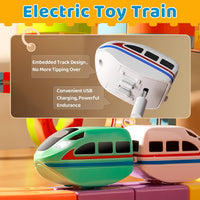 3D Infinity Track toy featuring USB rechargeable electric trains which run on magnetic blocks. 