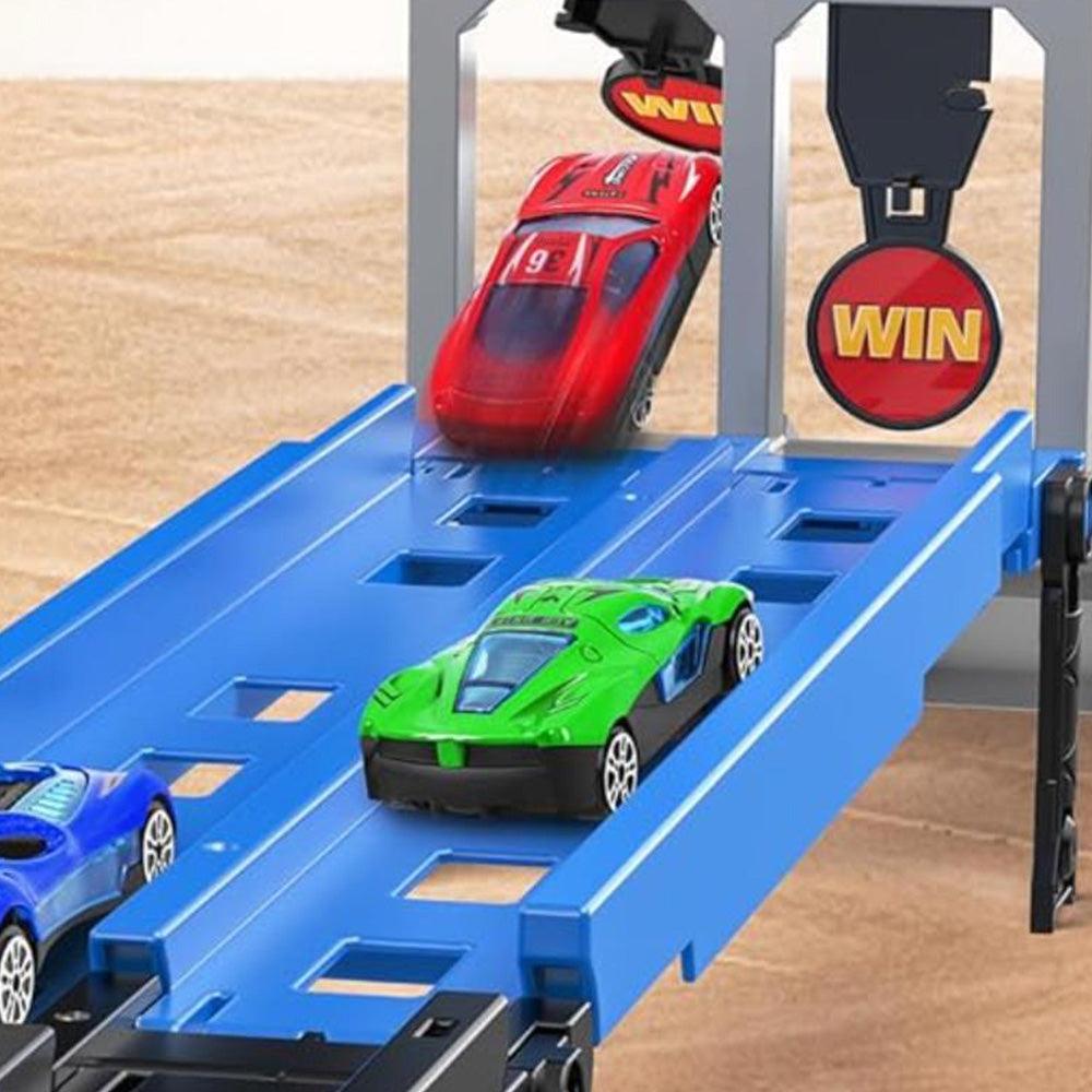 Mini race cars on a blue toy launcher track with a finish gate and hanging “WIN” signs.