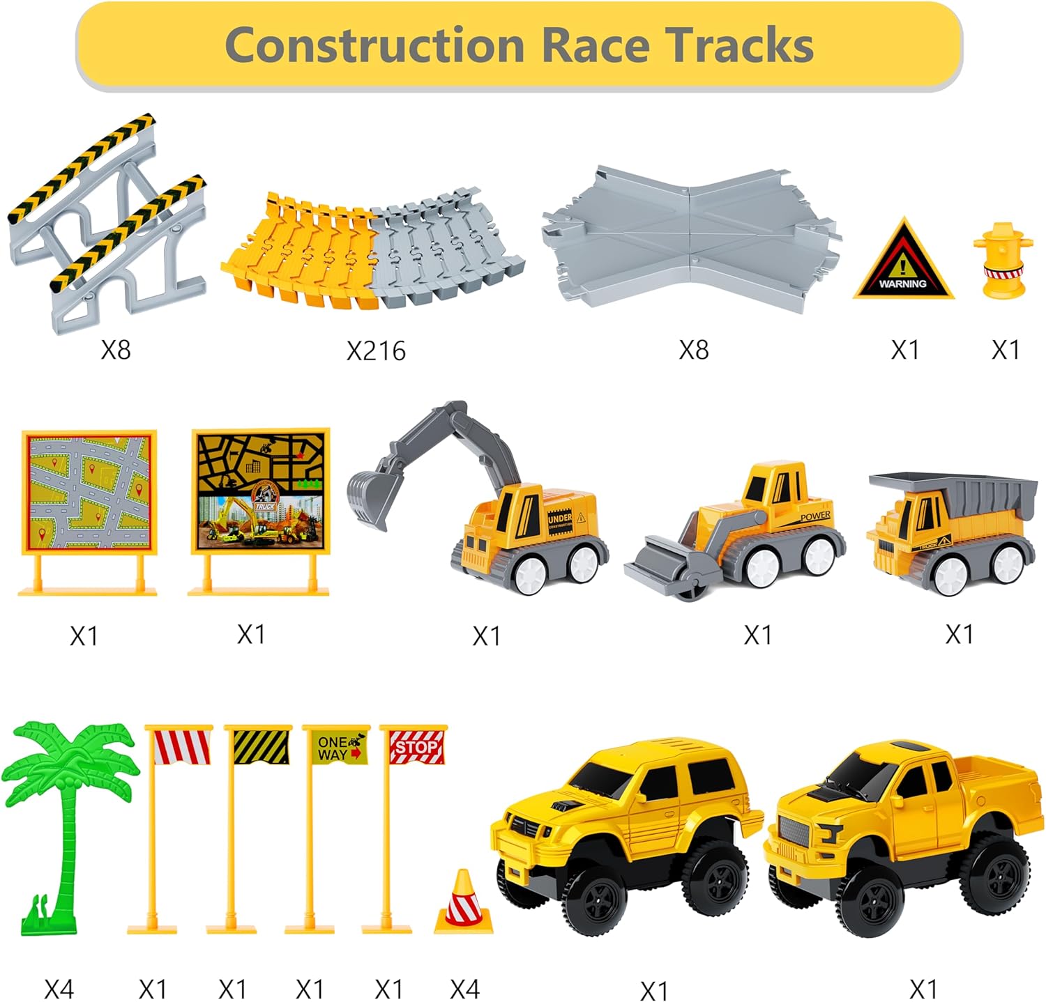 All parts of the Little Engineers Flex Track toy set, featuring 8 ramps, 216 track pieces, 8 intersections, 16 traffic poles and cones, and 5 different city and construction vehicles.