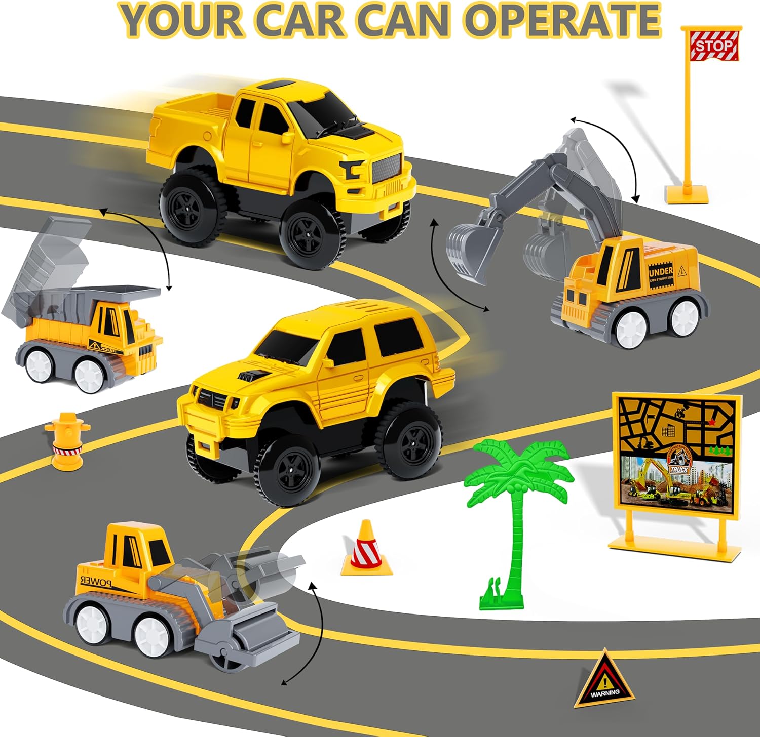 Close up on 4 different vehicles that are included in the Little Engineer's Flex Track set by Smartoon. 