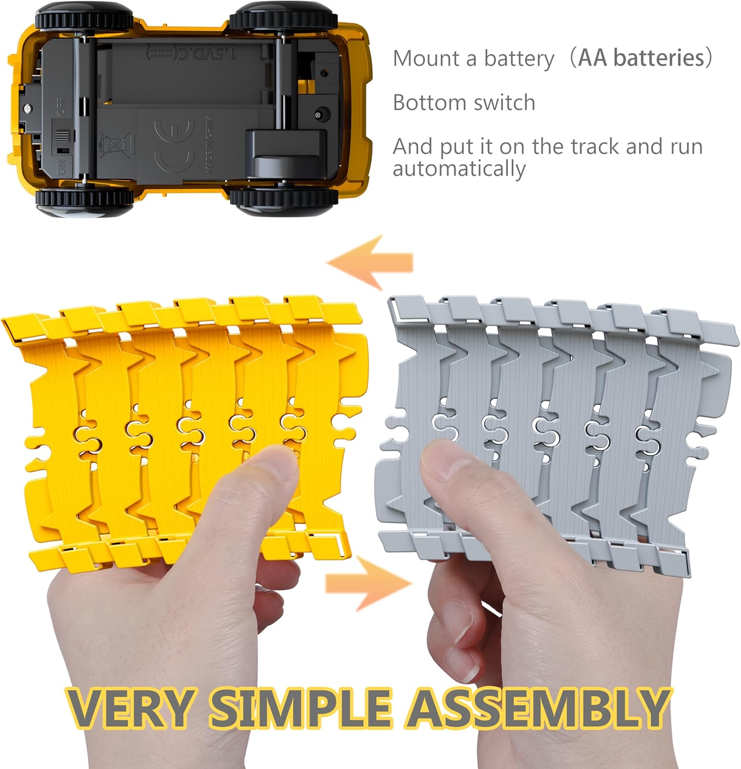 Infographic showing battery compartment on a car and how to connect two track pieces featured in the Little Engineers Flex Track toy set for children. 
