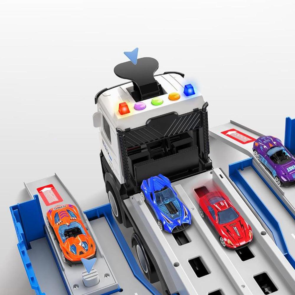 Toy car carrier truck with flashing lights, side launchers, and colorful mini race cars positioned on loading and racing tracks.