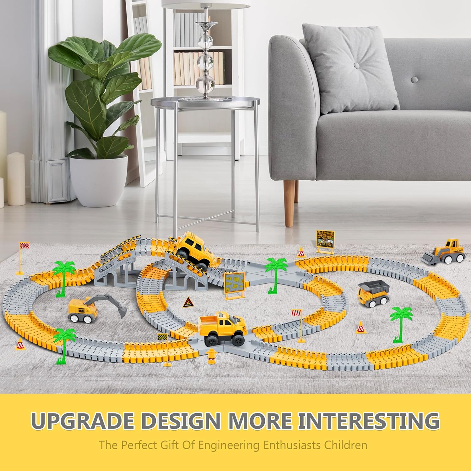 Flexible 250-piece track toy with four vehicles on a living room carpet. 