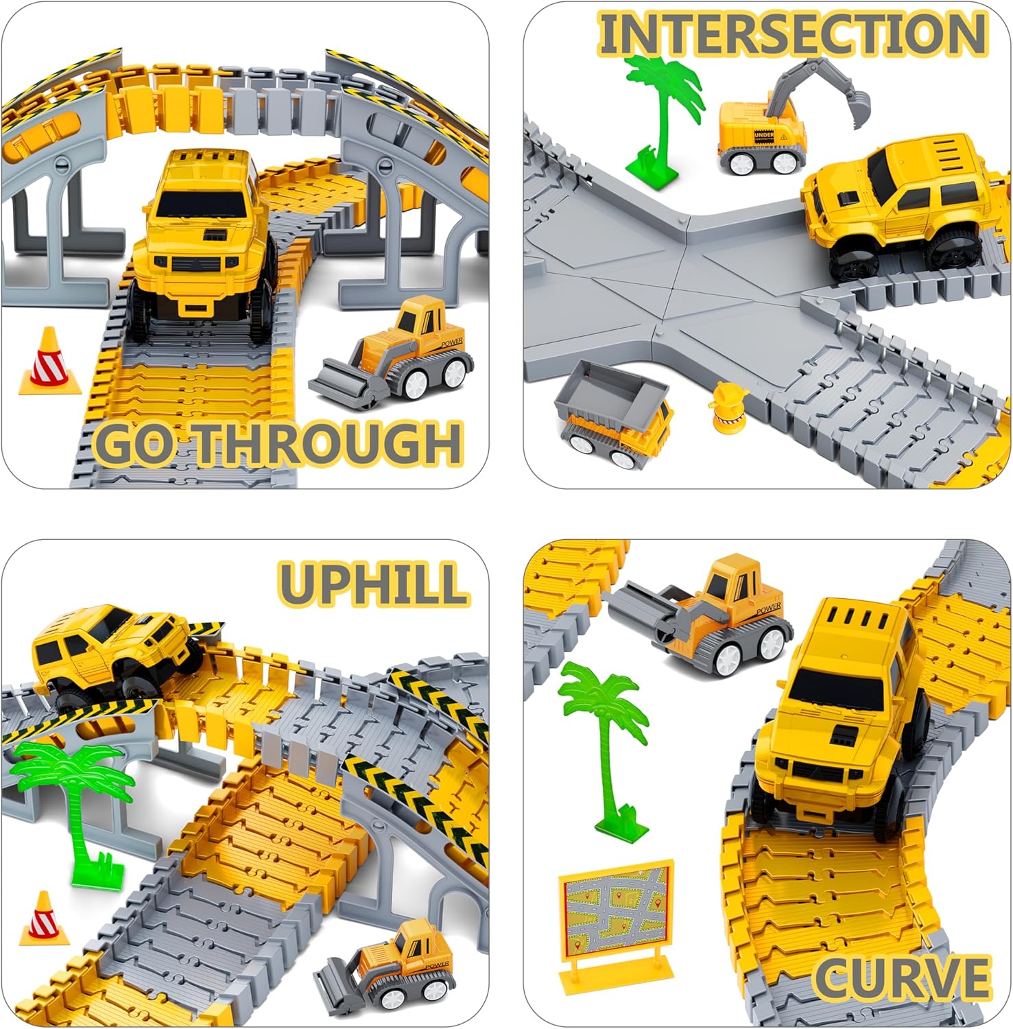 Different track styles children can build with their 255-piece Little Engineers Flex Track toy.