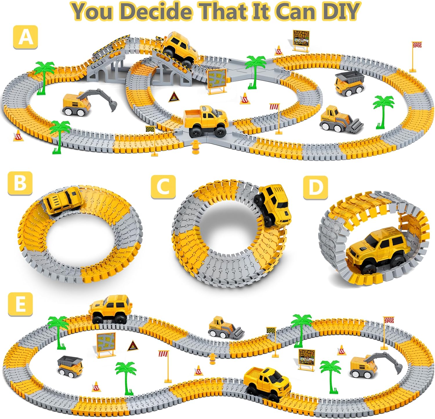 Infographic showcasing different track designs children can build with the Little Engineers Flex Track toy set. 