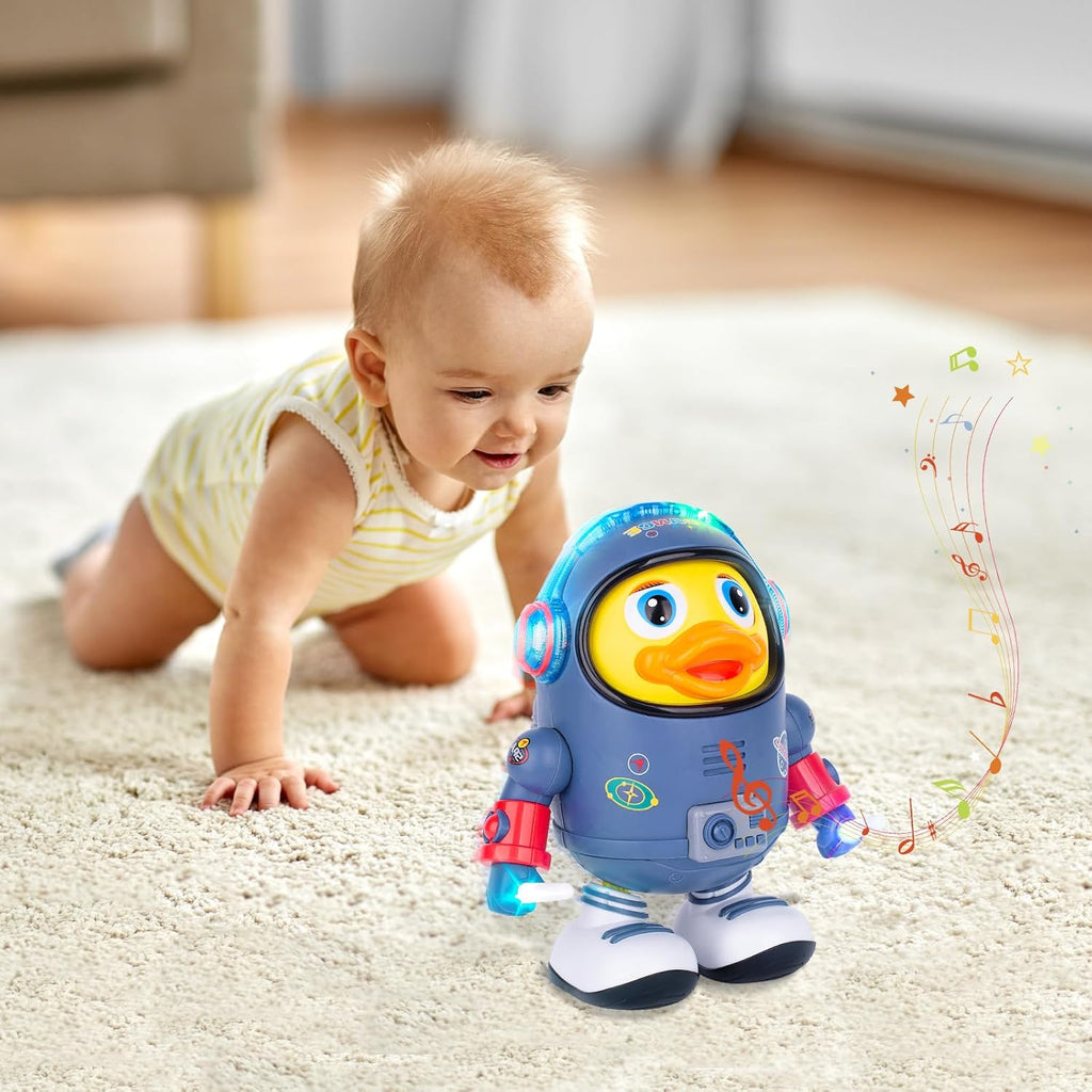 Baby crawling toward a dancing AstroDuck toy.