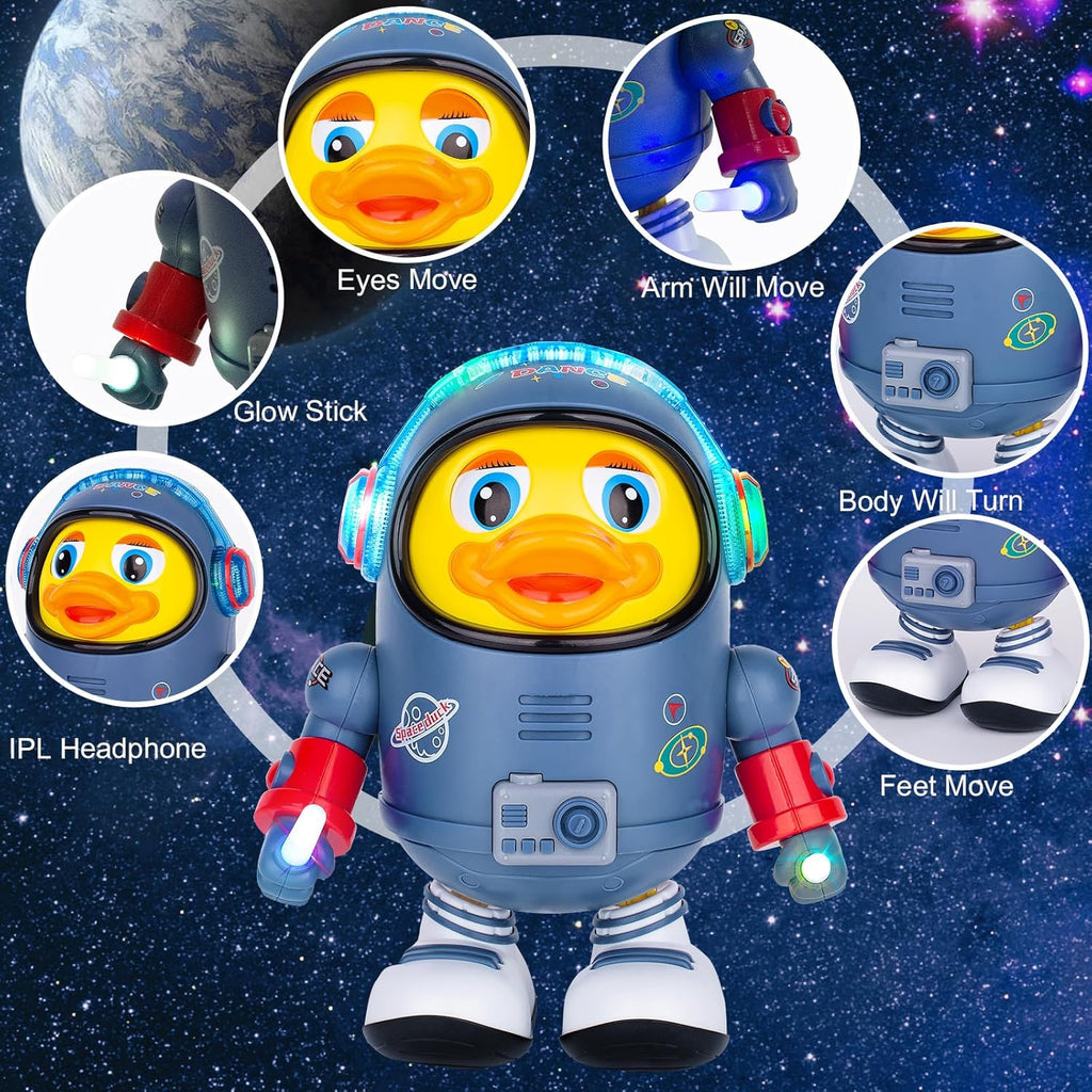 Infographic showcasing elements of the AstroDuck toy featuring a glow stick, blinking eyes, moving arms and legs, music, and LED lights.