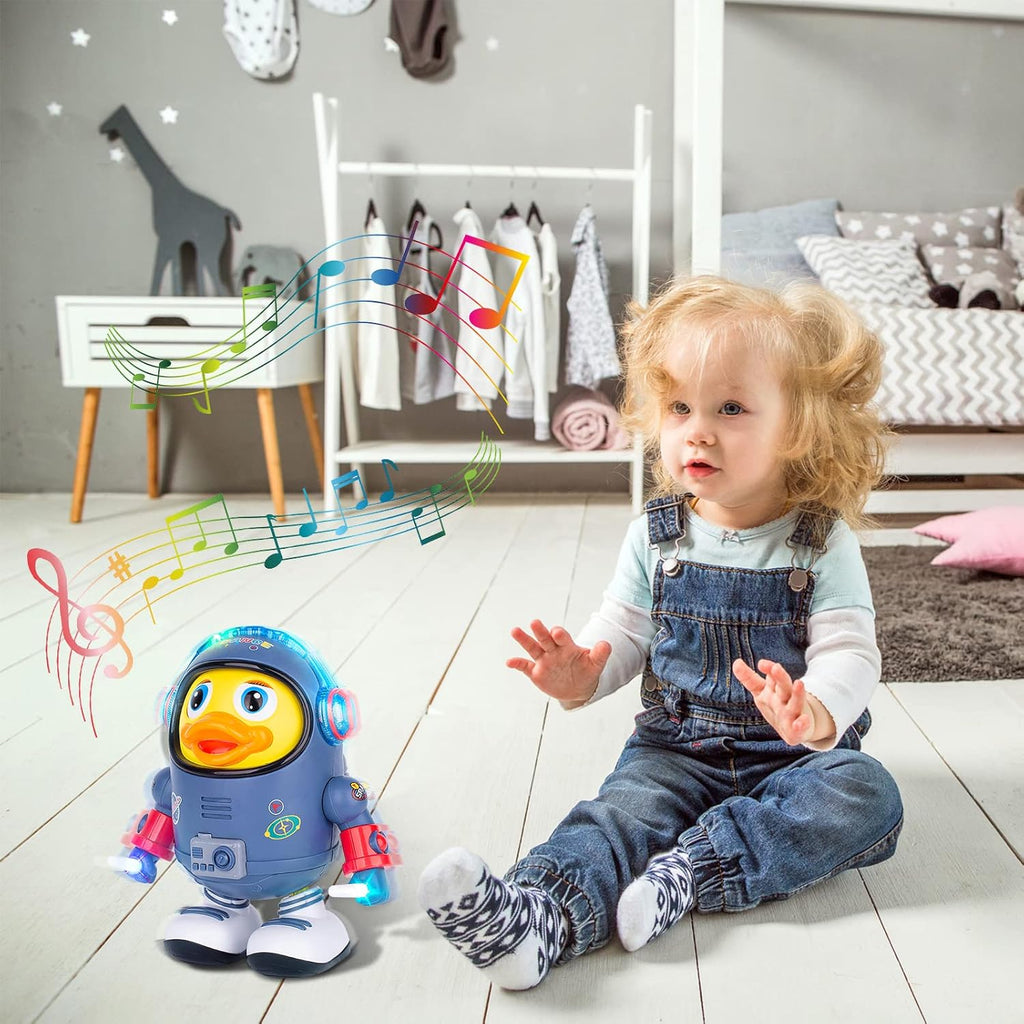 Little girl sitting next to AstroDuck toy that plays music, moves around and has LED lights. 