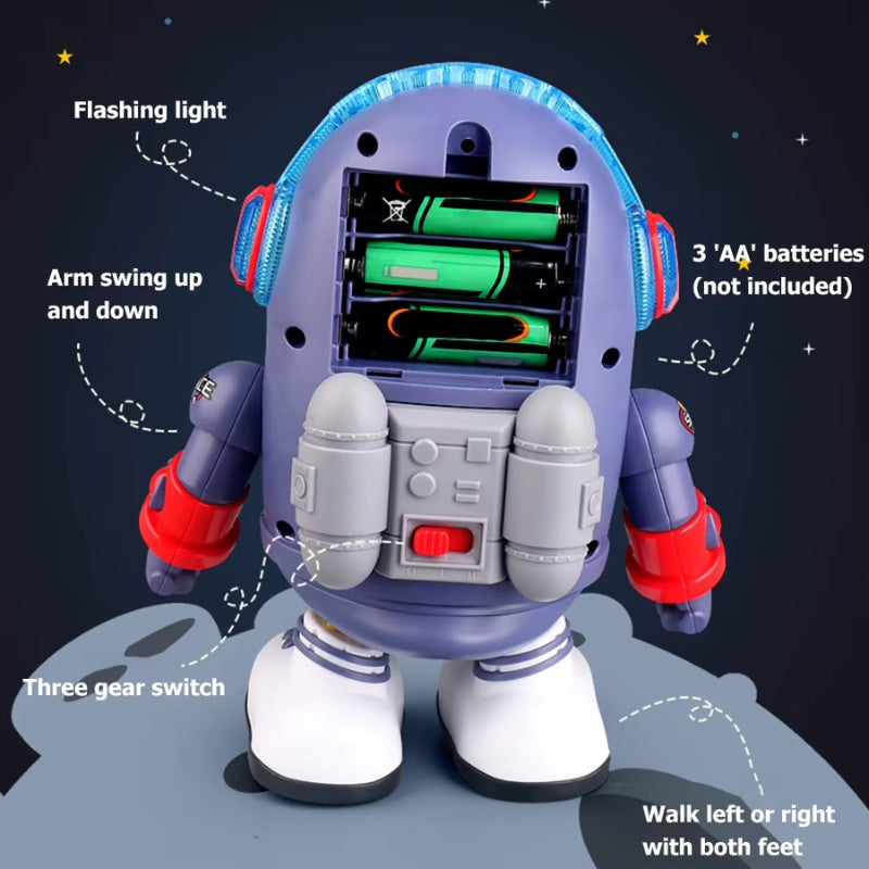 Infographic showcasing buttons and battery compartment on the AstroDuck toy.