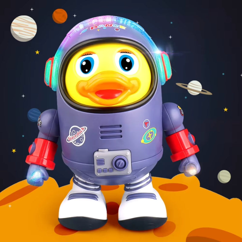 Space-themed dancing duck toy for babies made of durable ABS plastic.