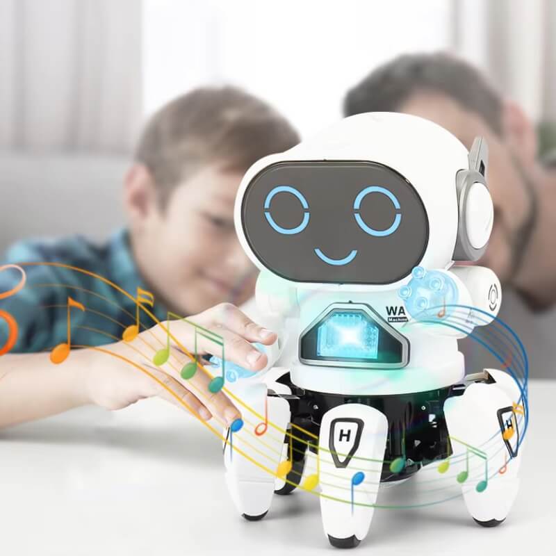 Father and son playing with a BoogieBot 3000, a white robot toy featuring lights, music, a face on display, and octopus legs.