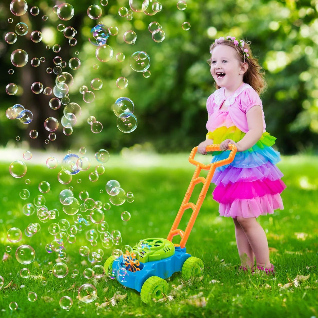 Little girl smiling and holding her Bubble Mower Pro toy, which creates hundreds of bubbles around her. 