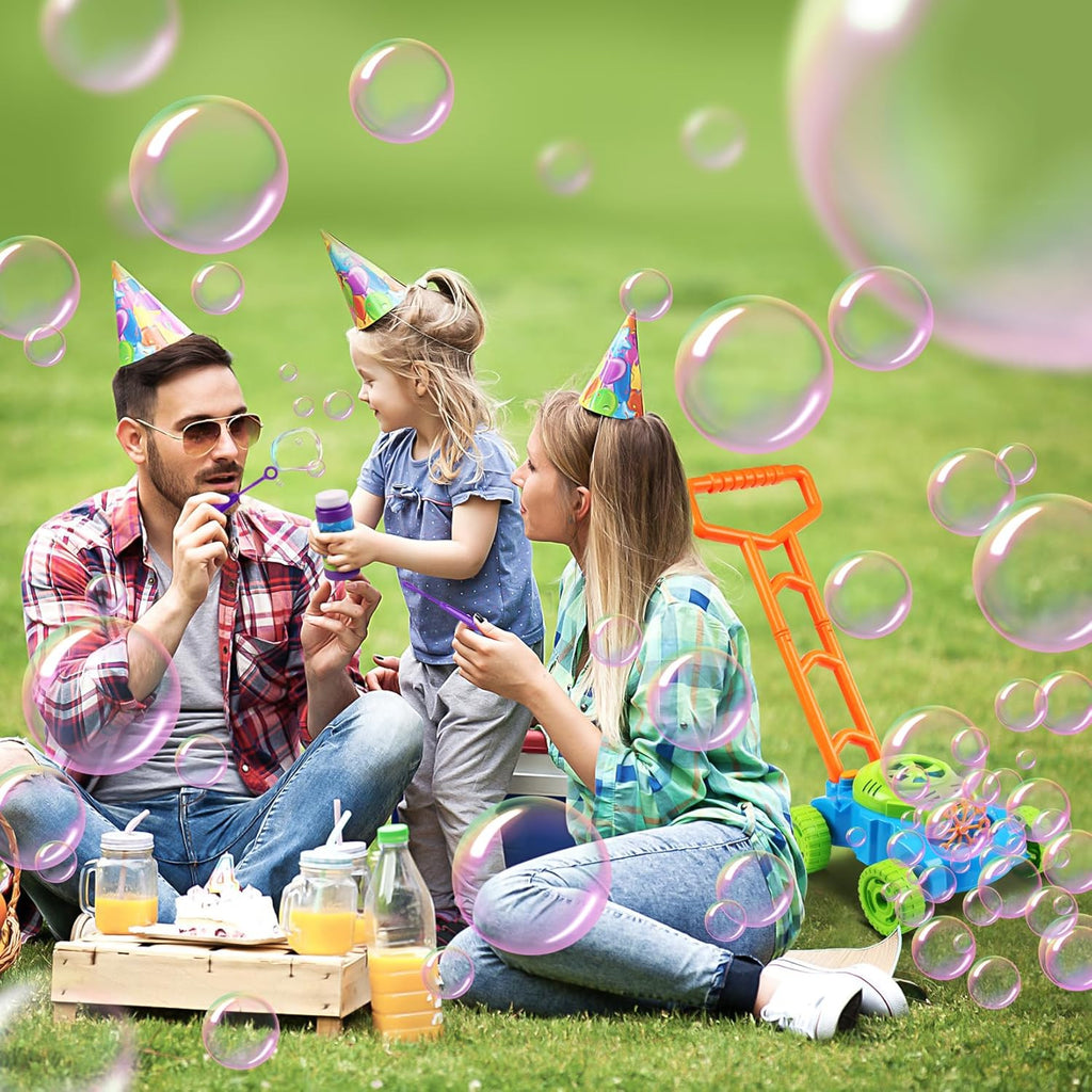 Family enjoying a picnic outside, with the Bubble Mower Pro toy creating bubbles around them. 