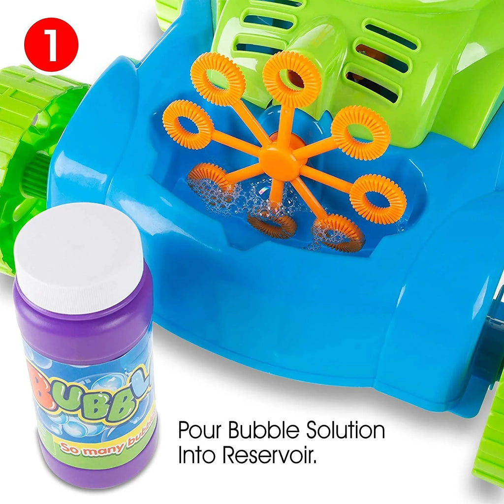 Close up on the front of the Bubble Mower Pro toy and a reservoir for the bubble solution. 