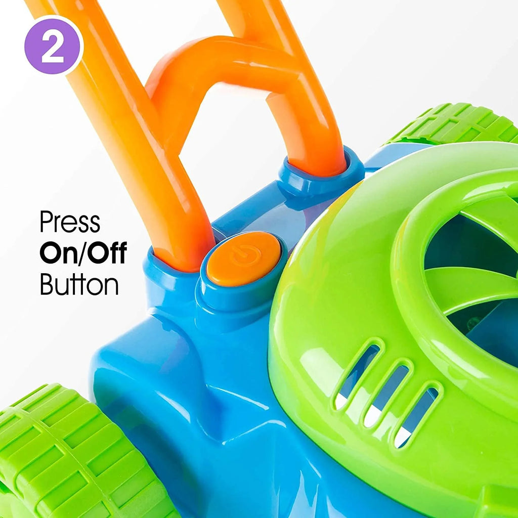 Close up on the power button of the Bubble Mower Pro toy.