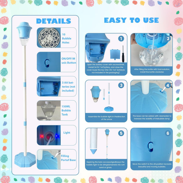 Detailed instructions on how to set up and use the Bubble Torch machine designed to create great atmosphere for kids and adults. 