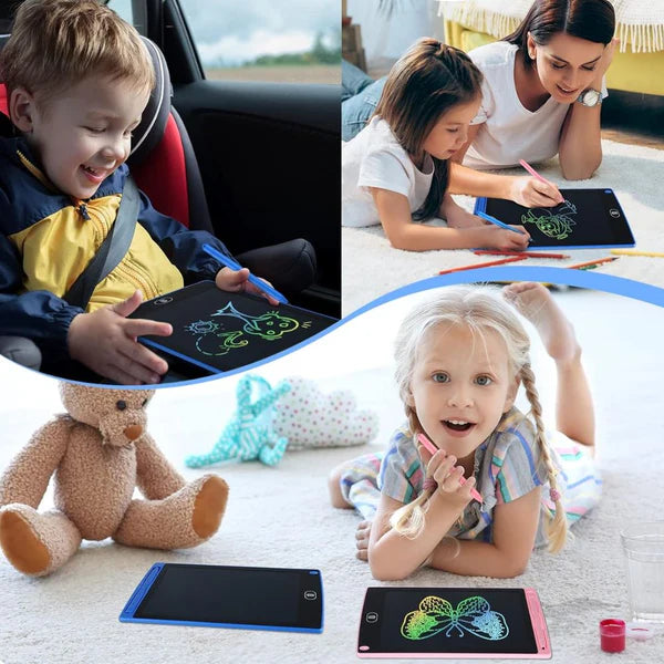Kids enjoying the Drawing Tablet in various situations such as driving in car, in  classroom, or their playroom. 