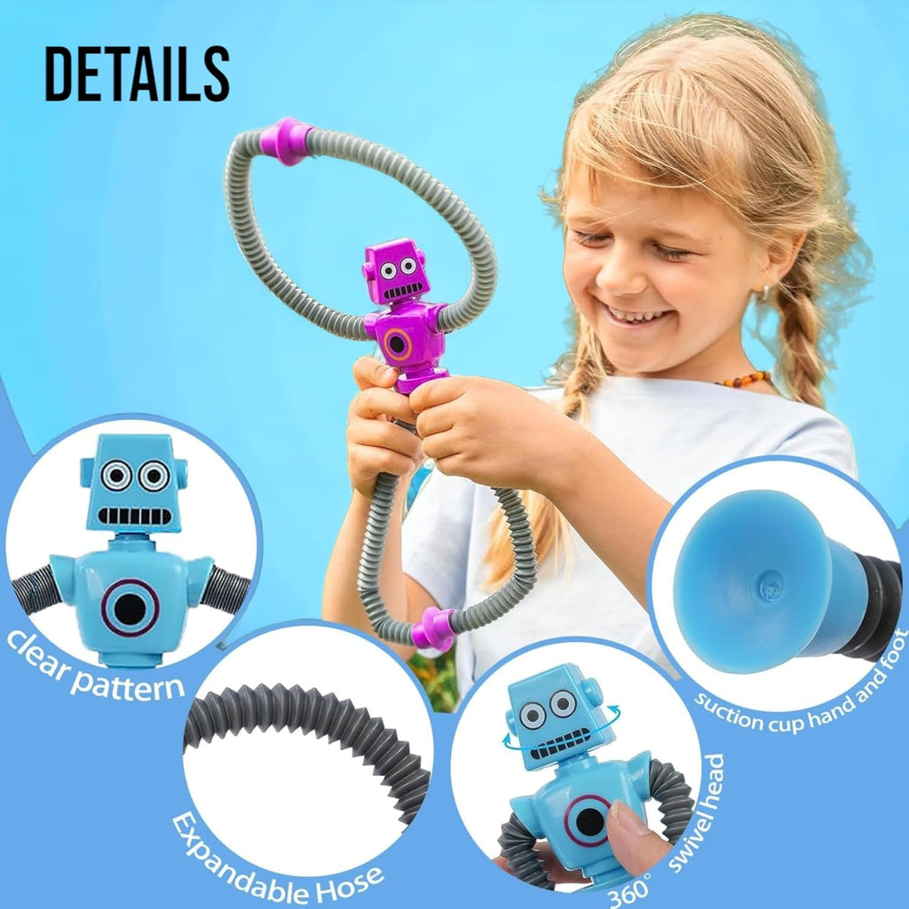 Infographic showcasing a child playing with the FlexiBot and blobs with different images showing close up details of the toy.
