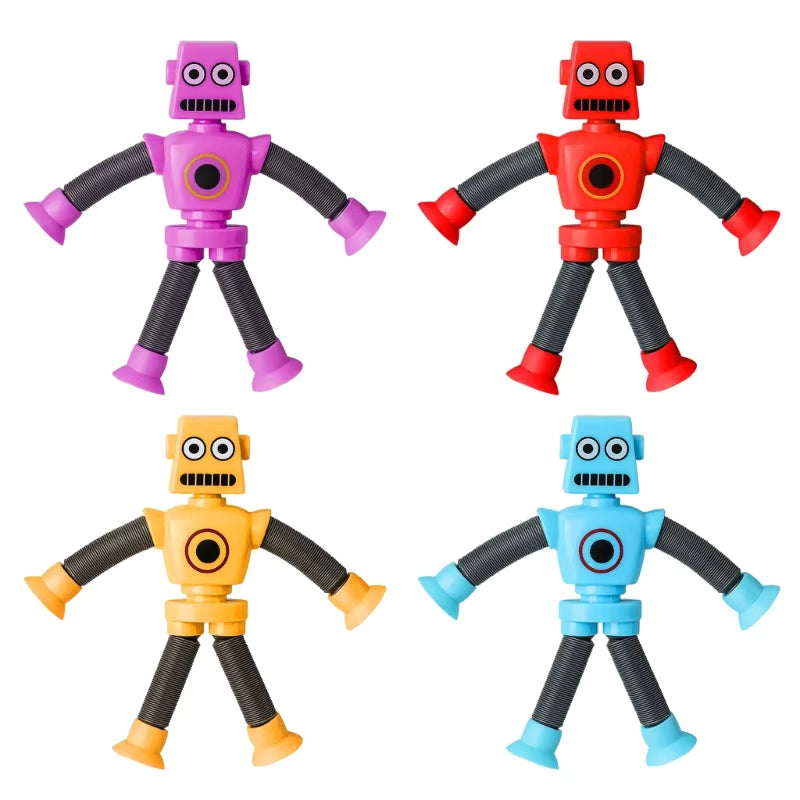 Purple, red, yellow, and blue FlexiBots robots, with suction cup arms and legs which are expandable.