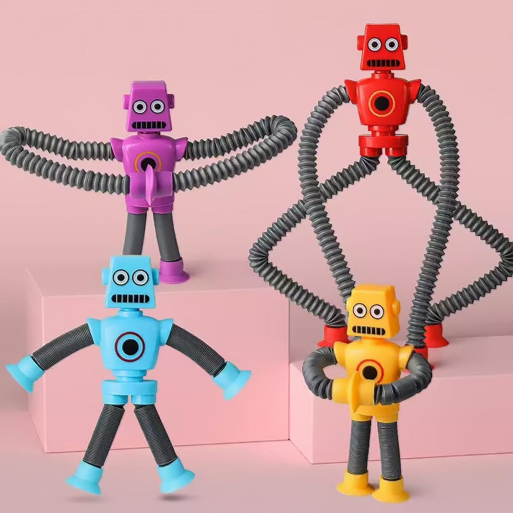Four colorful robot toys with accordion-style arms and legs called FlexiBots.