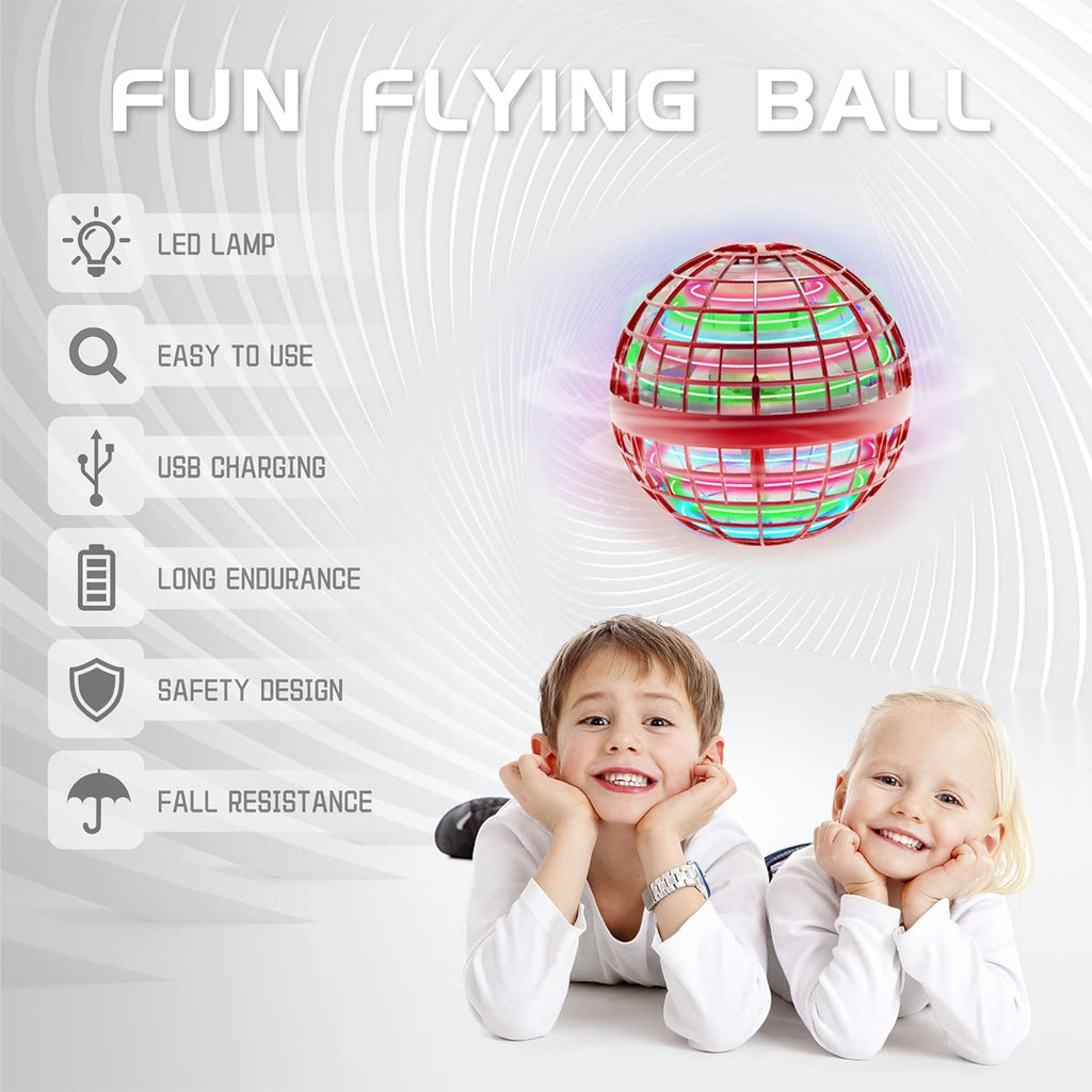 Infographic showing benefits of the Galactic Flying Spinner, such as fall resistance, safe design, long endurance, USB charging, and LED lights. 