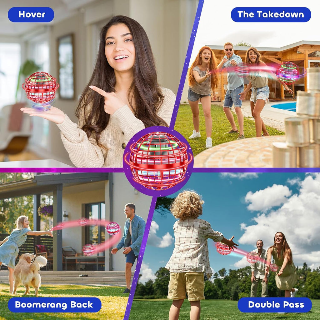 Flying orb toy with LED lights which can hover and boomerang back. 