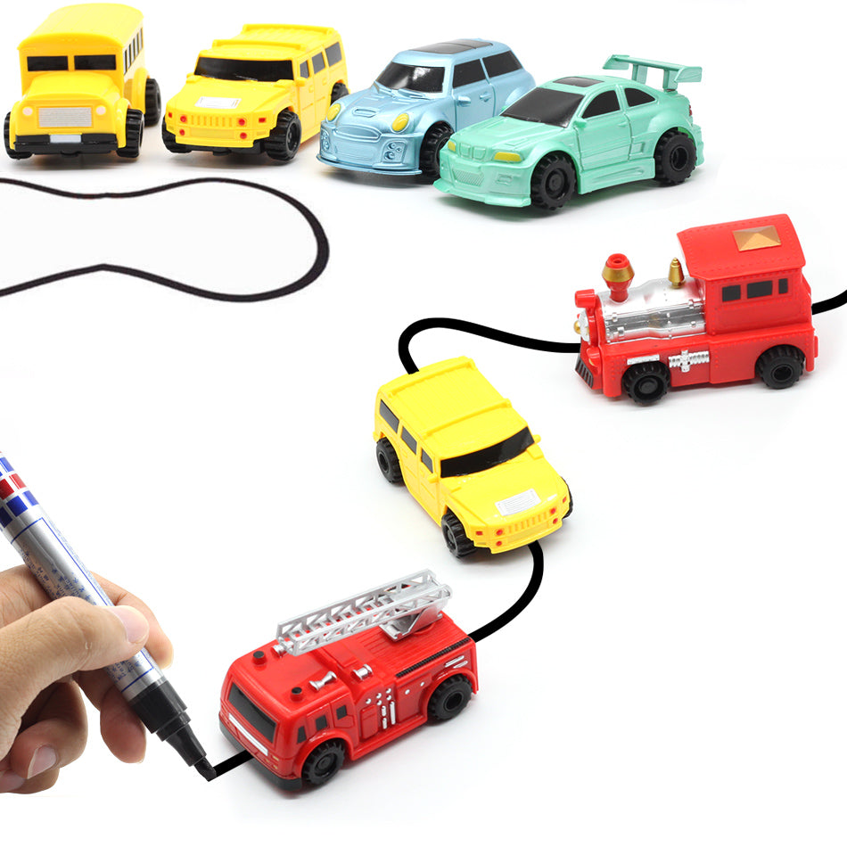 Trace Racers toy by Smartoon Kids, featuring 5 cars that run on a track drawn by a black marker. 