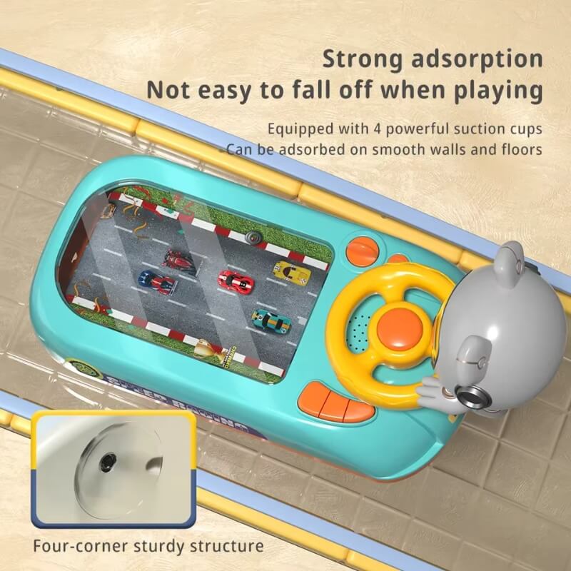 Interactive steering wheel game mounted on a smooth surface using four suction cups. The toy features a moving race track display with cars, a yellow steering wheel, and various buttons for control. Text overlay highlights the strong suction and sturdy four-corner structure, ensuring stability during play.