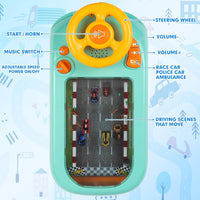 Top view of the "Highway Hero" toy steering wheel game with labeled features. The interactive toy includes a yellow steering wheel, start/horn button, music switch, adjustable speed control, volume buttons, and different vehicle options. The racing track display shows moving driving scenes with cars.