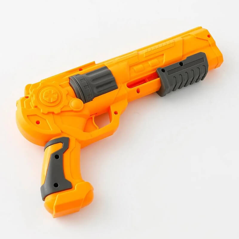 Plastic toy gun that shoots foam ammo, soft balls, and a foam airplane. 