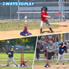 Image showing three different ways to play with a 3-in-1 MVP Tee Ball Trainer toy, either with the ball pitched, hanging or fixed.