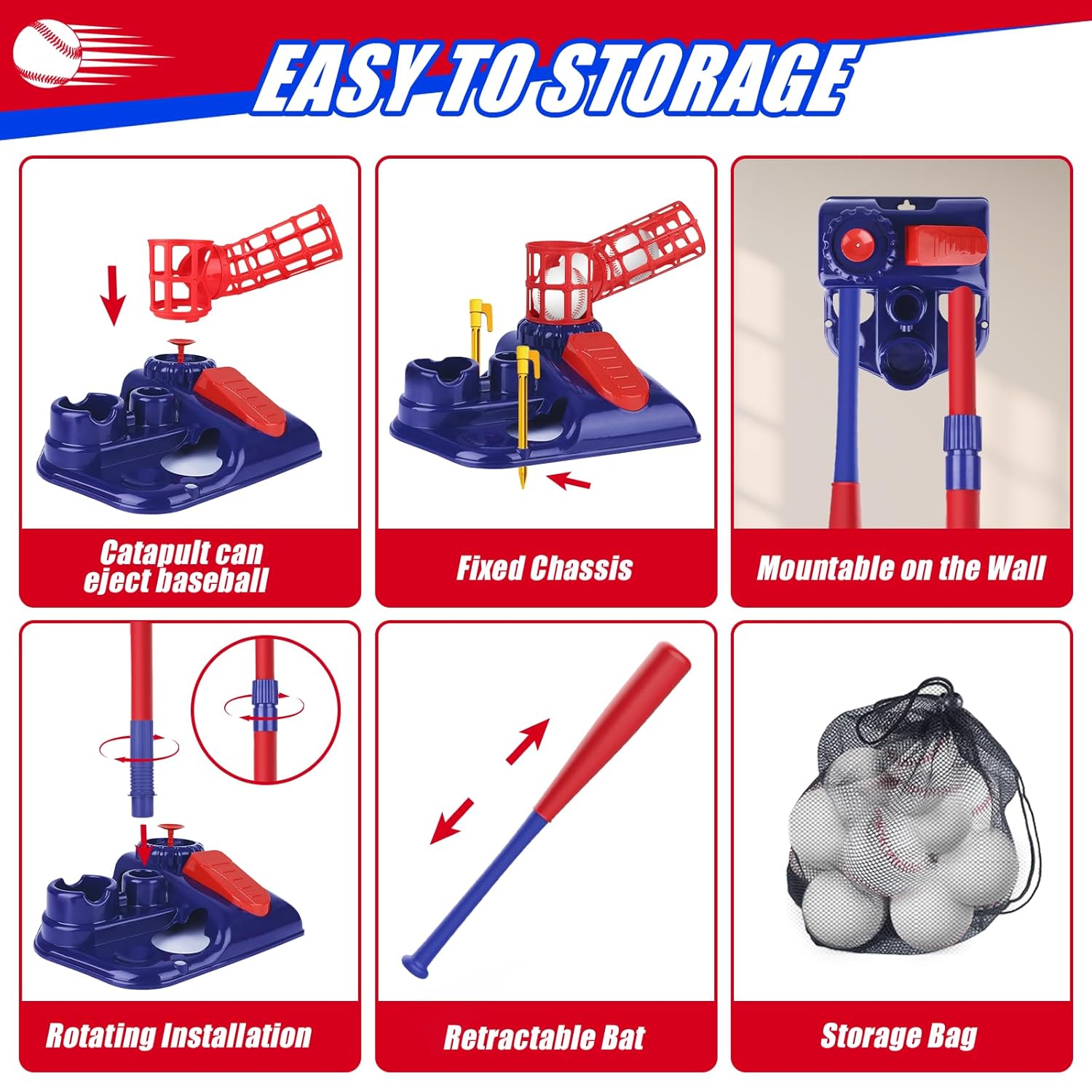 Baseball trainer set storage guide showing a collapsible ball-launching catapult base, fixed ground spikes, wall-mount option, rotating bat installation, retractable bat, and mesh storage bag with baseballs.