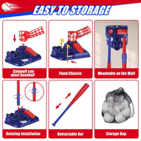 Baseball trainer set storage guide showing a collapsible ball-launching catapult base, fixed ground spikes, wall-mount option, rotating bat installation, retractable bat, and mesh storage bag with baseballs.