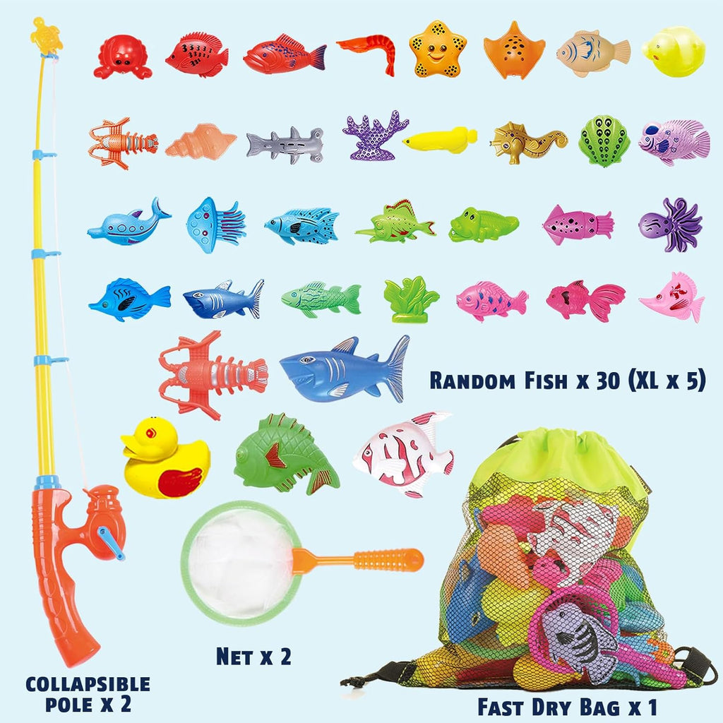 Magnetic Fishing Set featuring a rod, net, bag, and 36 different fish.