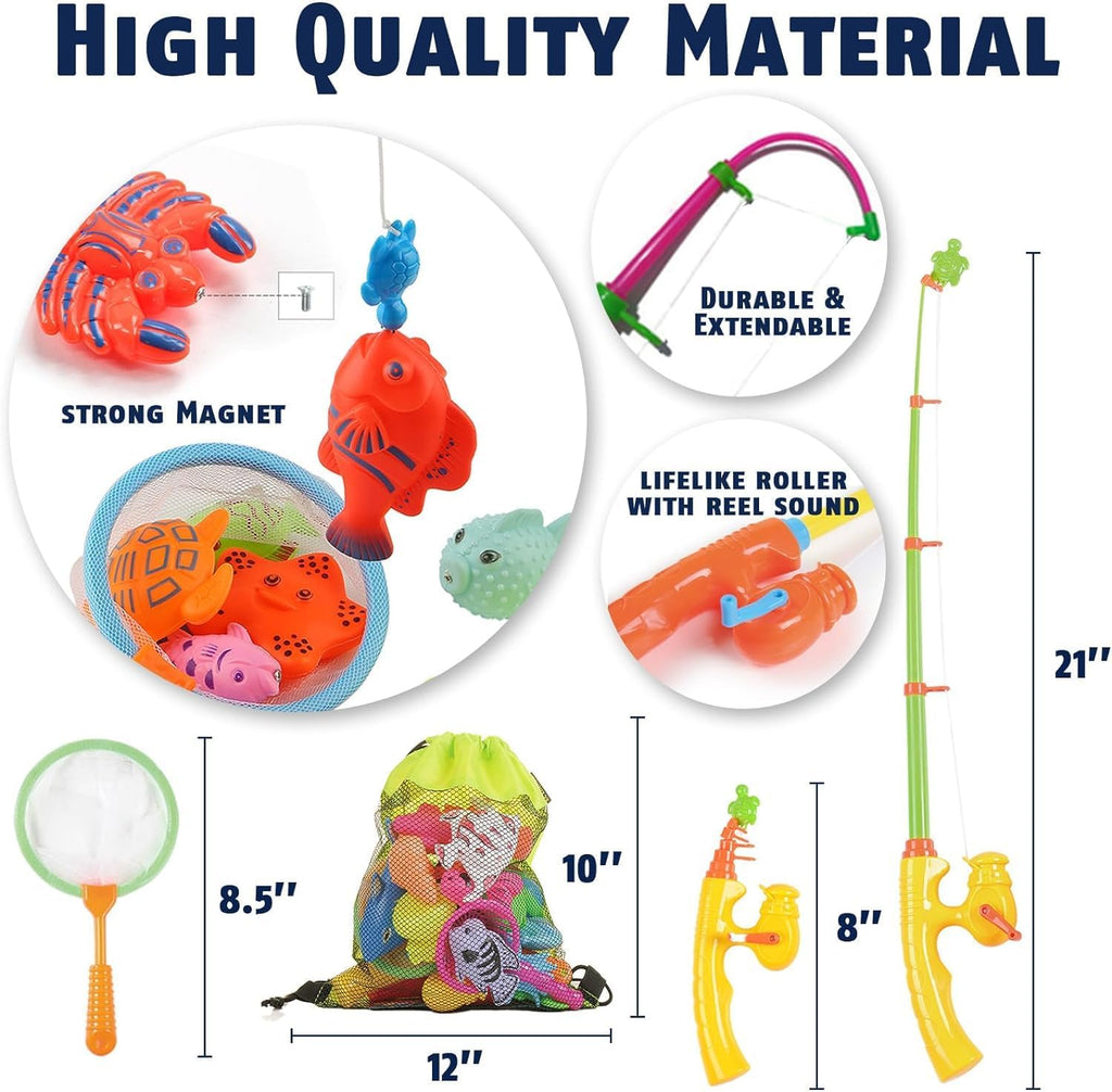 Magnetic fishing game set for kids featuring colorful fish, turtles, and sea creatures, a strong magnet hook, extendable fishing rod with reel sound, net, and mesh storage bag with product dimensions.