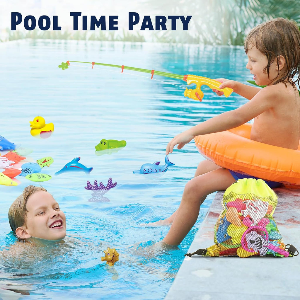 Kids enjoying pool time and playing with their Magnetic Fishing Set, featuring a plastic rod and various fish with magnets.