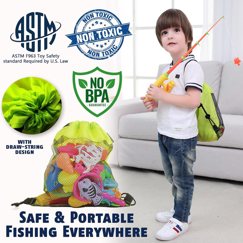 Young child carrying a mesh drawstring bag filled with colorful magnetic fishing toys, holding a toy fishing rod, with icons highlighting ASTM safety certification, non-toxic materials, and BPA-free guarantee, promoting safe and portable play.