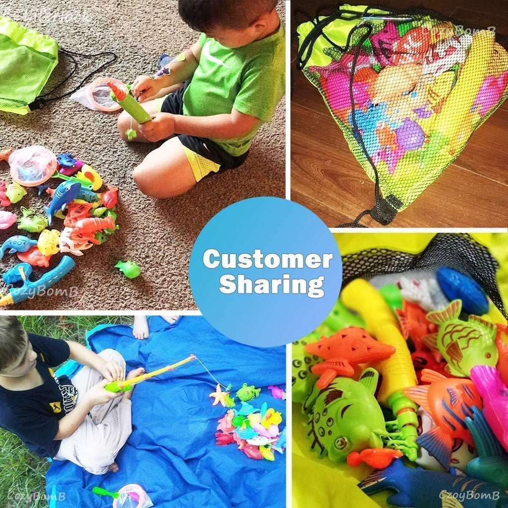 Collage of children playing with a colorful magnetic fishing game set, including toy sea creatures, fishing rods, and a mesh drawstring storage bag, highlighting customer experiences and satisfaction.