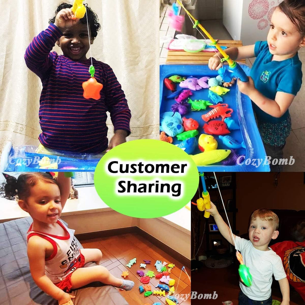 Four images showing different children playing with Magnetic Fishing Set in playrooms and living rooms. 