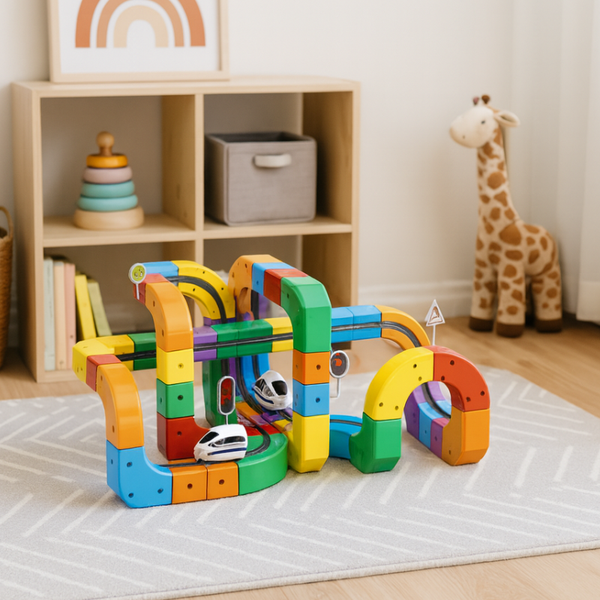 3D Infinity Track toy featuring colorful magnetic blocks and trains which move on tracks. 