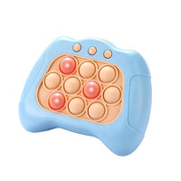 Blue Quick Push handheld electronic pop-it game with a grid of nine circular buttons, some of which are illuminated with red lights. The device has an ergonomic design with three small control buttons on the top, designed for interactive gameplay and sensory stimulation.